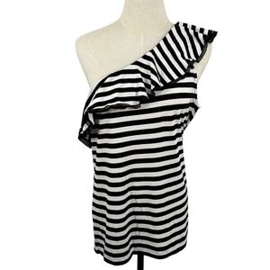 WHBM L Top Monochrome One Shoulder Ruffle Stripe French Girl Parisian Nautical
